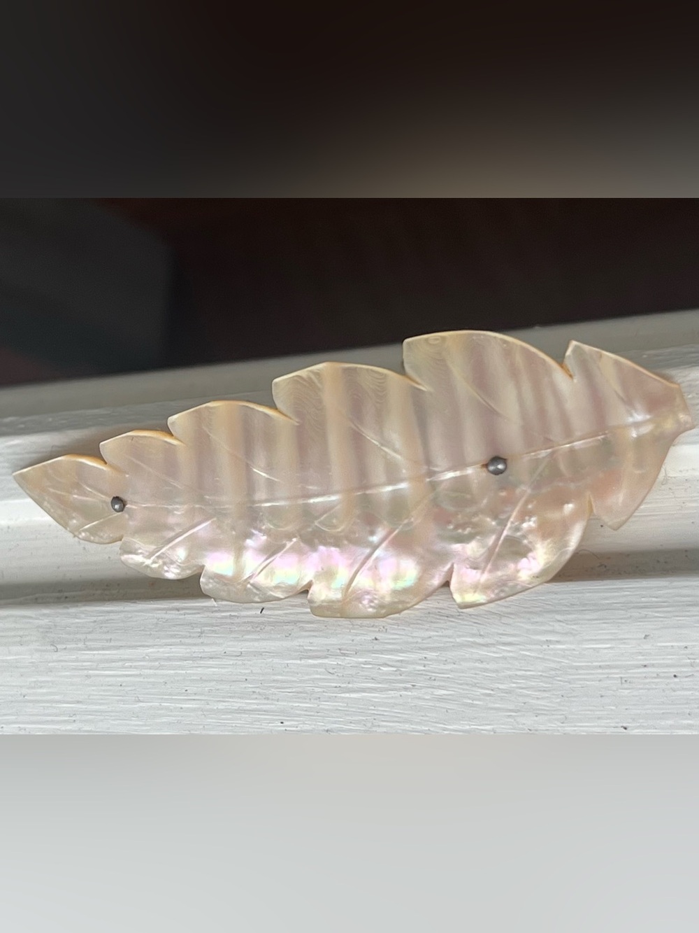 Antique Large Victorian Era Iridescent  Mother Of Pearl Leaf Brooch C Clasp